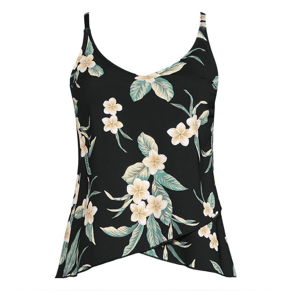 Land’s End Plus Standard Size Tulip Hem Adjust Cup Tankini Black Plumeria Var